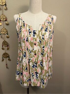 Maeve Anthropologie Geometric Ikat Print Pleated Button Front Tank Top Size 4
